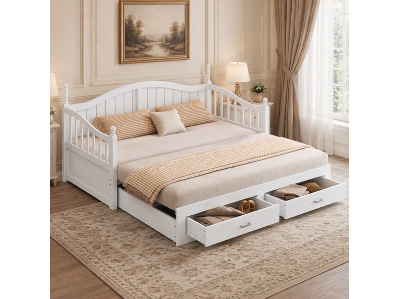  Lit gigogne enfant 90x190 cm (ouvert 180x190 cm), tiroirs, accoudoirs design colonnes et dossier courbé, bois, en mdf, coloris blanc  - Conforama B