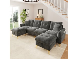 Canapé modulaire 4 places 263x137x85 cm avec 2 poufs de rangement gris