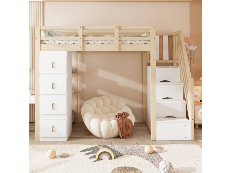  Lit mezzanine enfant 90x200 cm avec rangement intégré, escalier avec tiroirs, étagères, structure bois, naturel OMNIGLINT TRADING LTD - Conforama D