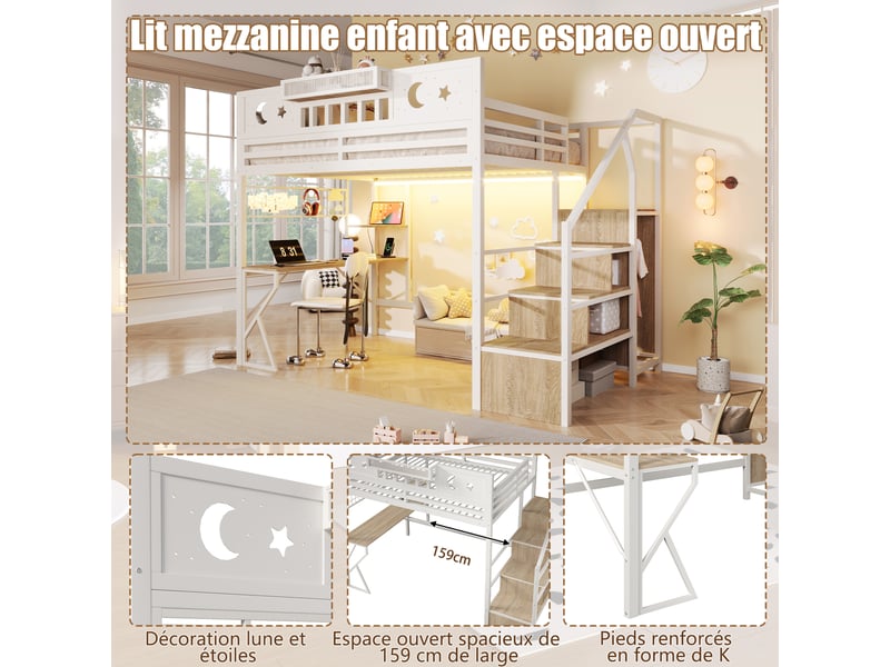  Lit mezzanine 140x200 cm avec bureau, panneau perforé, étagères, usb, led multicolore, escalier avec rangement, métal et mdf, blanc OMNIGLINT TRADING LTD - Conforama E