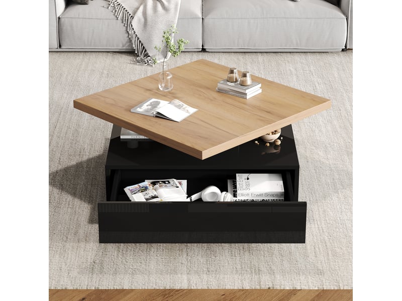  Table basse pivotante à 360° avec tiroir caché et niche ouverte pour salon, noyer et noir, 70 × 70 × 36 cm  - Conforama B