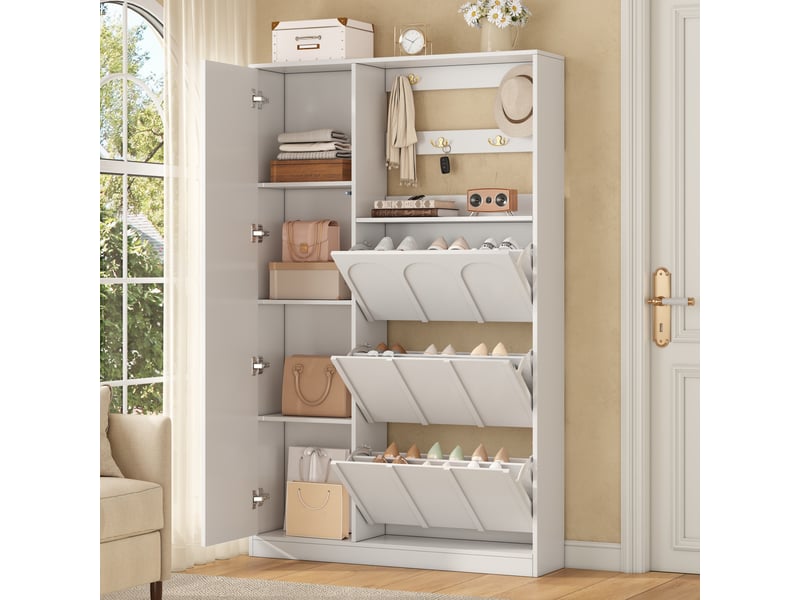  Meuble d’entrée blanc avec miroir, 3 abattants, mdf, 100 x 24 x 164 cm  - Conforama B