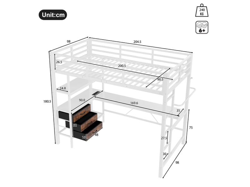 Lit mezzanine enfant 90x200 cm, led, tiroirs, bureau, charge, étagère, sommier, métal blanc, sans matelas - Conforama C