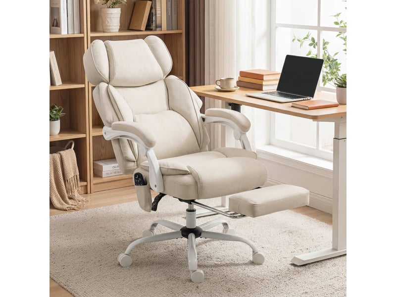  Fauteuil de bureau inclinable avec massage vibrant à 6 points, chauffage lombaire, appui-tête et repose-pieds réglables - crème  - Conforama C