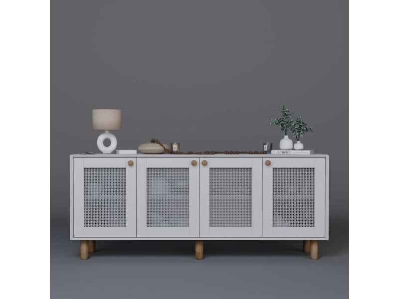  Buffet 4 portes en aggloméré bohemian blanc avec cannage blanc (4 portes)  - Conforama E