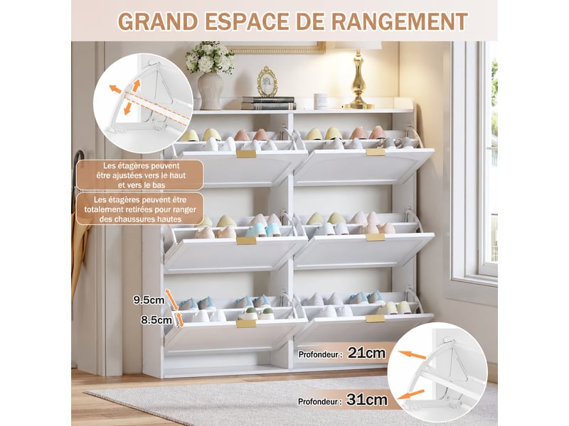  Meuble à chaussures blanc 6 abattants pour entrée, séparateurs réglables, jusqu’à 30 paires, 120 x 23 x 118 cm  - Conforama E