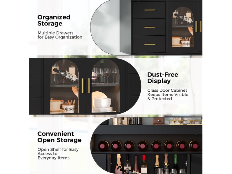  Buffet bar à vin 140 x 40 x 82 cm – noir – led rgb, 6 tiroirs, 2 portes vitrées et étagère ouverte  - Conforama E