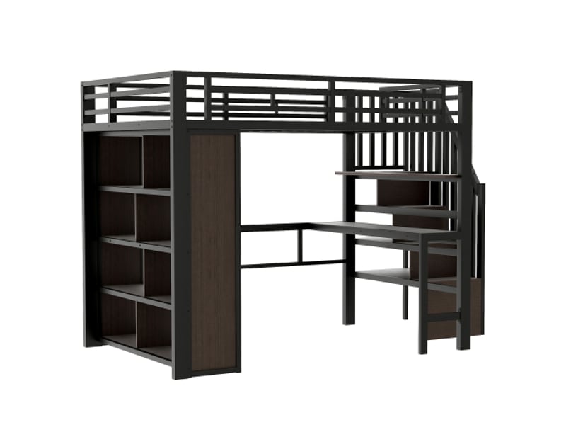 Lit mezzanine 140x200 cm - cadre métallique noir, bureau intégré, rangements, échelle et bande led, sans matelas - Conforama D