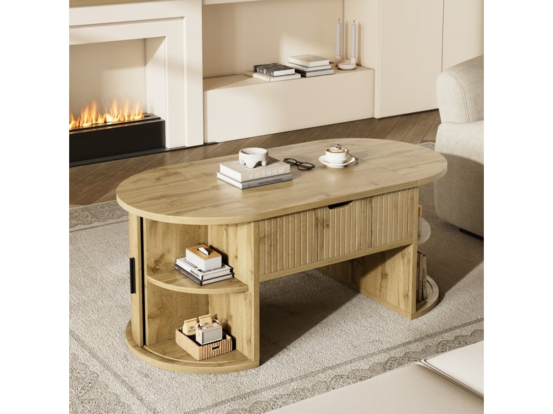  Table basse relevable - 100x50x40.5cm - table basse avec plateau relevable, coffre caché &amp; 2 portes coulissantes - bois naturel  - Conforama B