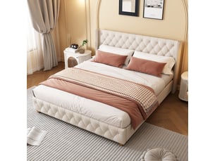 Lit adulte 180x200cm, lit double avec tête de lit et sommier, lin beige, sans matelas