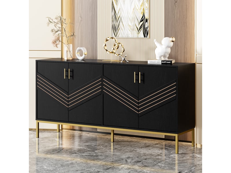 Buffet 4 portes avec 2 étagères réglables pour salon en mdf 160×40×80,5 cm noir et bois - Conforama B