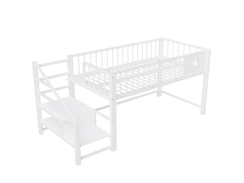 Lit mezzanine bas enfant métal blanc 90x200 cm, échelle avec rangement, cadre robuste - Conforama E