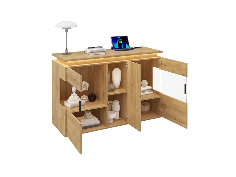  Buffet de rangement avec 3 portes, led et station de charge usb-c pour salon et salle à manger en bois chêne clair  - Conforama A