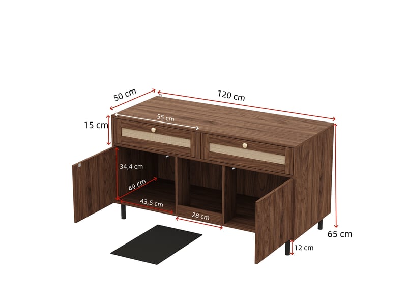 Meuble de rangement 2 portes 120x50x65 cm, buffet avec 2 tiroirs, plateau amovible, grand rangement moderne, mdf noyer - Conforama C