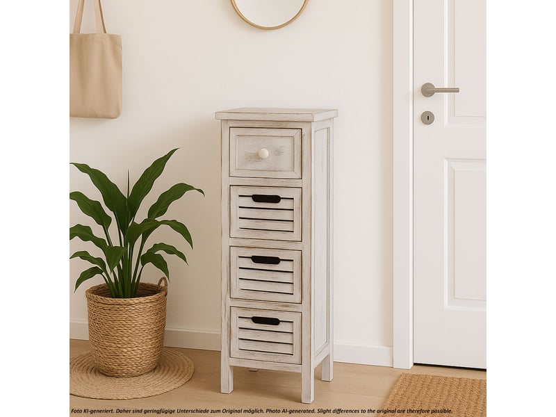  Commode, table d'appoint, armoire, 4 tiroirs, 30x25x74cm, shabby, vintage - blanc  - Conforama B