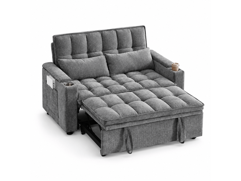  Canapé convertible 3-en-1 142 x 89 x 89 cm, coussins assise et dossier moelleux, 2 lombaires, tablette et porte-gobelet, chenille, gris OMNIGLINT TRADING LTD - Conforama A
