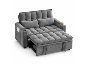 Canapé convertible 3-en-1 142 x 89 x 89 cm, coussins assise et dossier moelleux, 2 lombaires, tablette et porte-gobelet, chenille, gris