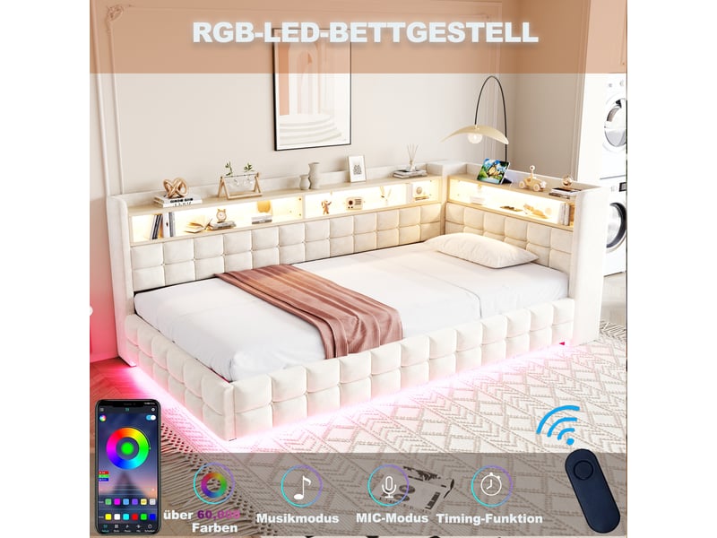  Lit coffre 90x200 cm - lit simple avec rangement hydraulique - tête de lit led, usb &amp; type-c - étagères - beige  - Conforama E