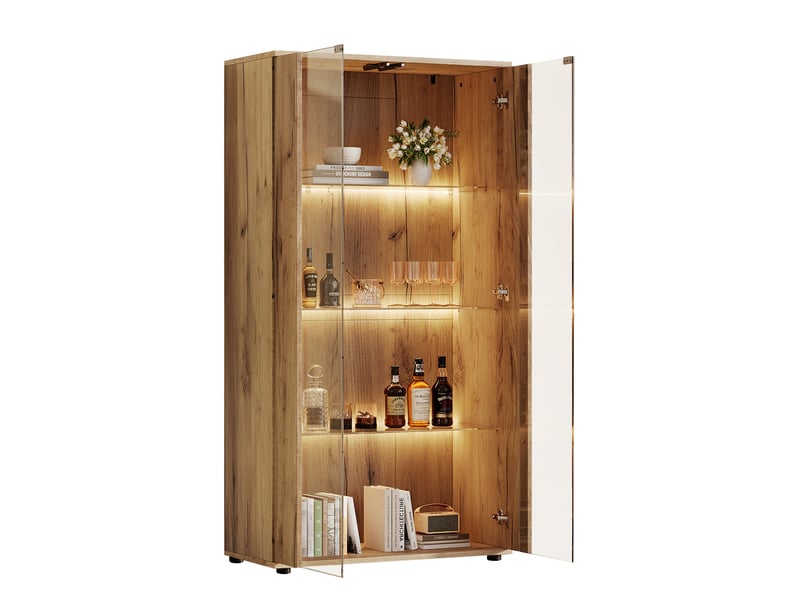  Vitrine 2 portes en verre avec led 4 étagères coloris naturel 80 x 36 x 150.5 cm  - Conforama B