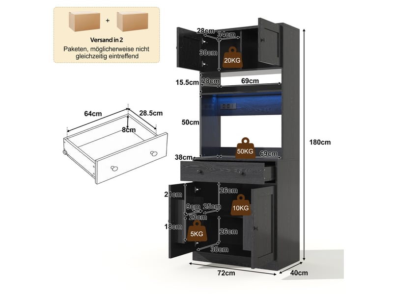  Buffet de cuisine 72x40x180 cm avec led, prises et tiroir noir  - Conforama C