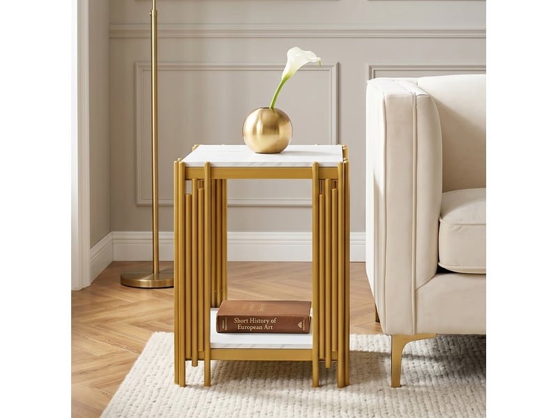  Table d’appoint moderne 43x40x55 cm, en mdf, structure métal, effet marbre, doré et coloris blanc  - Conforama B