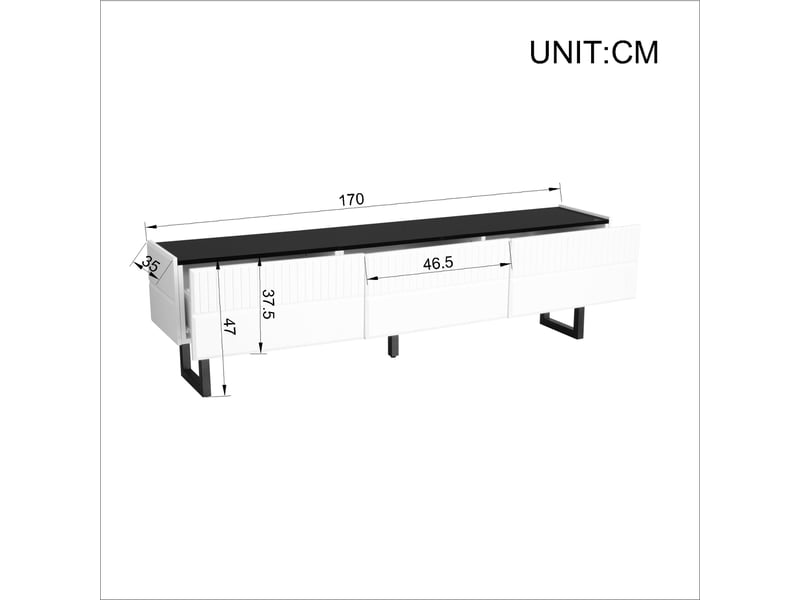  Meuble tv 170 x 35 x 47 cm, 3 tiroirs de rangement, plateau brillant, pieds en métal, design moderne, blanc et noir, rangement pour salon CARDUME ESTIVAL - Conforama C