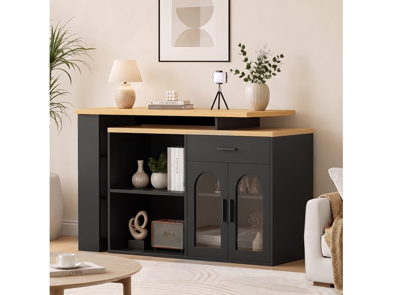  Desserte de cuisine 120x50x78 cm avec plateau pivotant et rangement en mélaminé, meuble cuisine, couleur noir et bois  - Conforama D