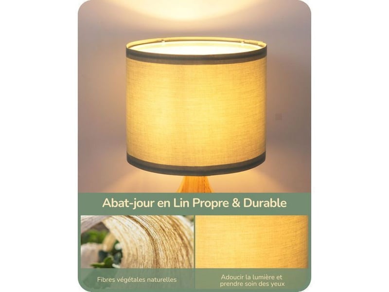  Lampe a poser t24019 vert amande chene clair abat-jour lin led 2700k 370618_AACFQ88114_6_DROPFR - Conforama C