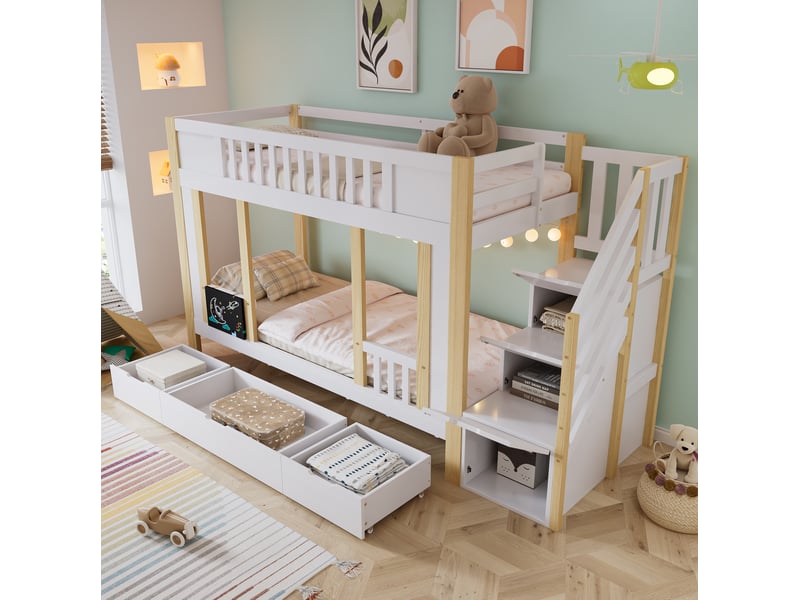  Lit superposé enfant 90x200 cm avec rangement, 3 tiroirs et tableau, bois et mdf blanc et naturel  - Conforama D
