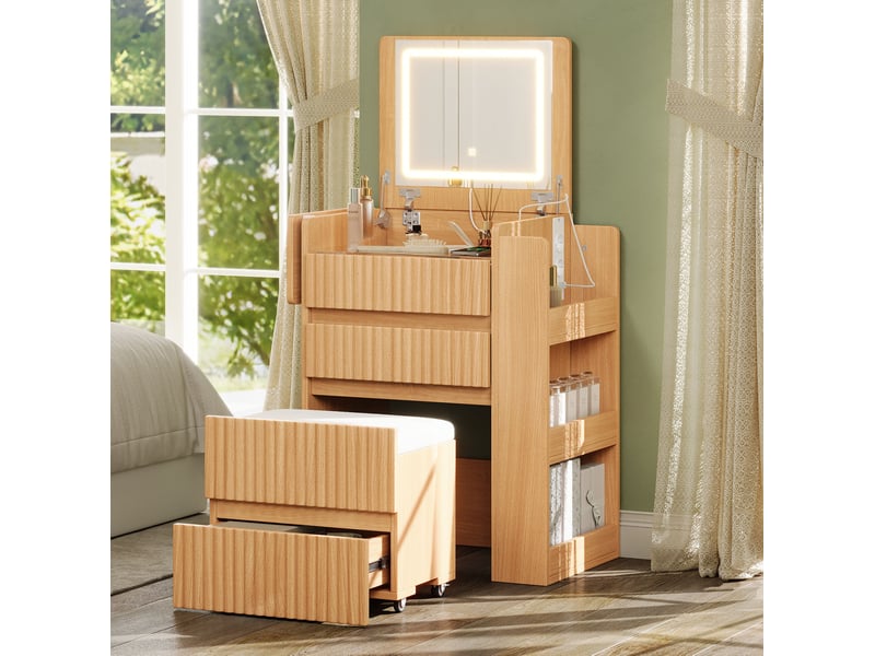  Coiffeuse 79x40x120 cm avec miroir led rabattable et tabouret à roulettes coloris naturel  - Conforama E