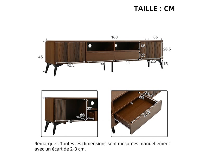  Meuble tv 180 cm couleur noyer pour téléviseur 75 pouces avec 2 portes et relief géométrique  - Conforama C