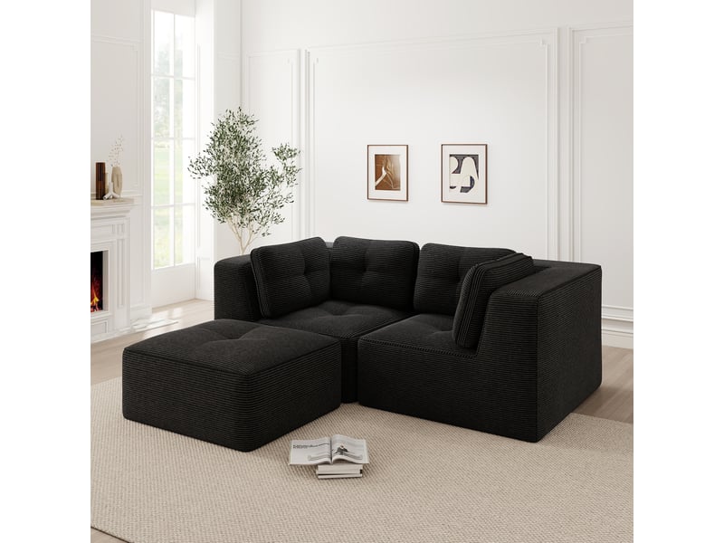  Canapé d'angle modulaire convertible avec assise profonde et accoudoirs larges, en velours côtelé noir  - Conforama B
