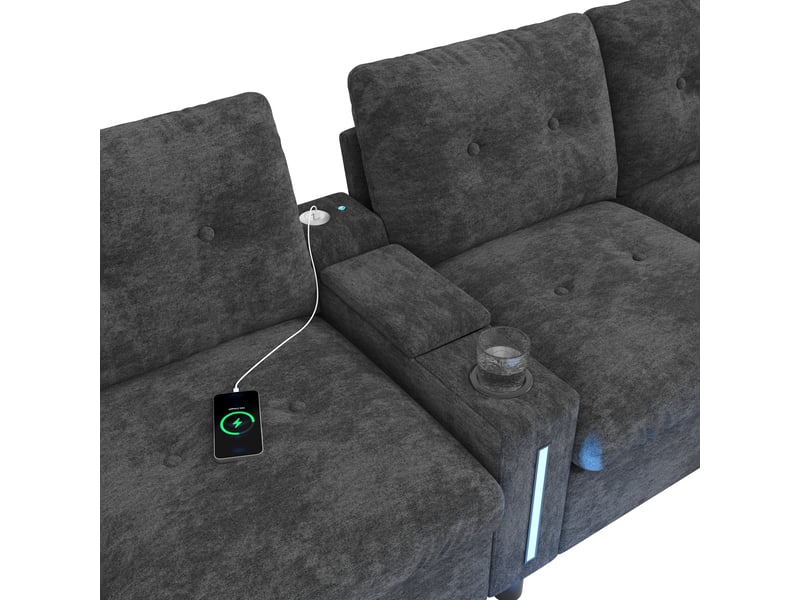  Canapé d'angle modulable 6 places 312 cm en chenille gris, 2 poufs coffres, console led et usb-c Fay Lum - Conforama E