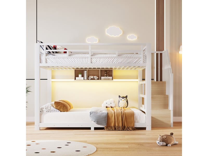  Lit superposé 140x200 cm, lit enfant avec escalier rangement, 3 niches, led via application, garde-corps, métal (sans matelas), blanc CozyNest - Conforama D