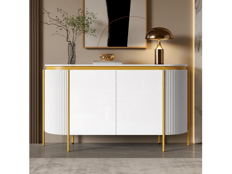  Buffet bas 140x38x80 cm avec 4 portes sans poignées mdf couleur blanc et doré, design élégant  - Conforama E