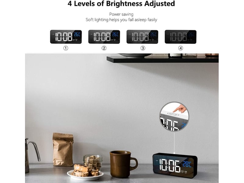  Réveil numérique avec grand affichage de la température led, alarme de miroir portable avec double alarme roupillon temps gradateur(noir)  - Conforama C