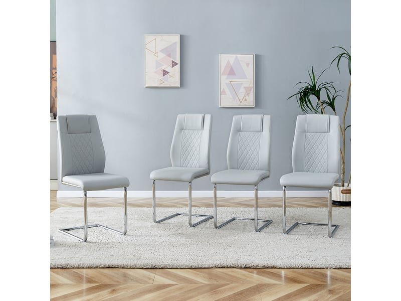 Lot de 4 chaises scandinaves en simili cuir gris clair, dossier filet, pieds métal argentés et patins antidérapants, pour salle à manger - Conforama B