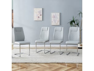 Lot de 4 chaises scandinaves en simili cuir gris clair, dossier filet, pieds métal argentés et patins antidérapants, pour salle à manger