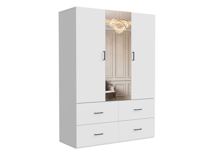 Armoire - 130x51,8x181,5cm - armoire de chambre avec miroir central, 2 portes et 4 tiroirs - blanc - Conforama A
