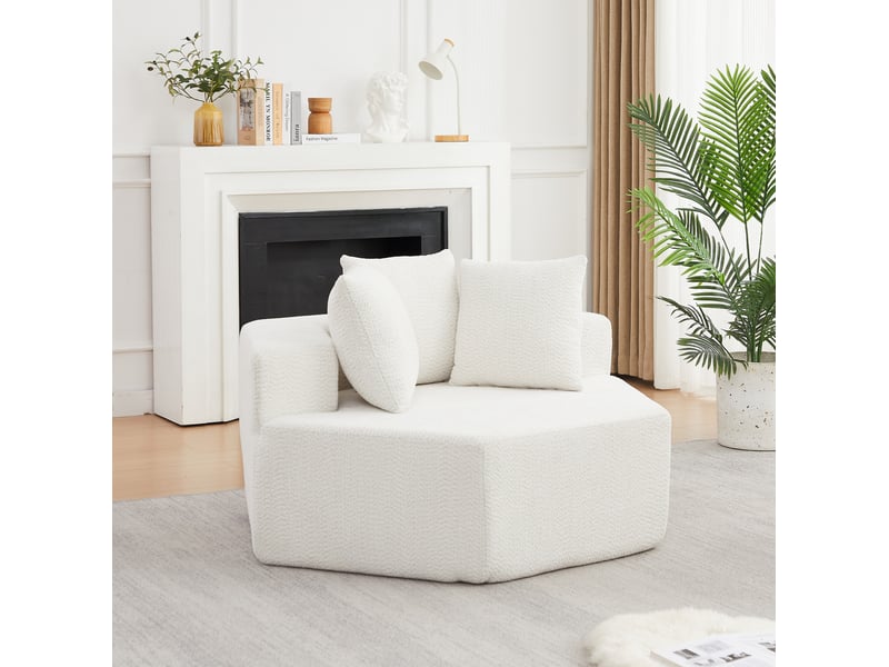  Canapé modulaire 1 place hexagonal avec 3 coussins et base antidérapante, en chenille beige 122 × 138 × 76 cm  - Conforama C