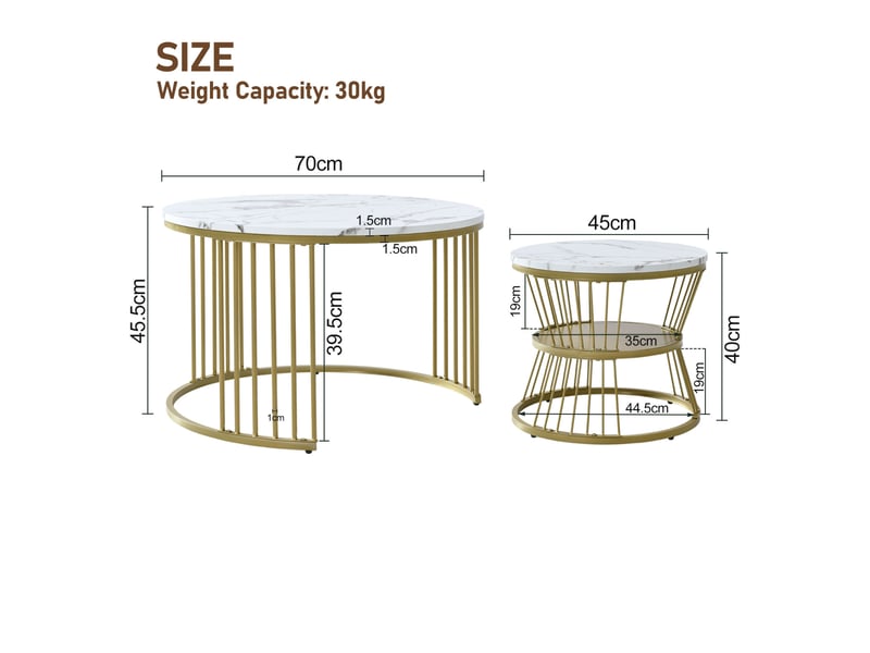  Lot de 2 tables basses rondes gigognes - 70 x 70 x 45.5 cm-or - table de salon style luxe discret effet marbre avec cadre doré  - Conforama B