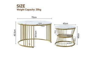 Lot de 2 tables basses rondes gigognes - 70 x 70 x 45.5 cm-or - table de salon style luxe discret effet marbre avec cadre doré