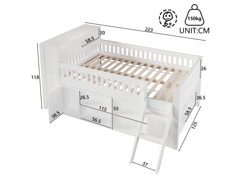  Lit mezzanine bas, 120 x 200 cm, avec éclairage led et rangements, cadre de lit en bois, blanc  - Conforama C