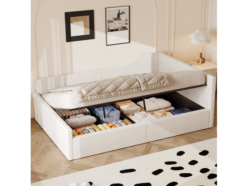  Lit coffre 140x200 cm, avec lit enfant et double, tête de lit, espace de rangement, lin et mdf, beige, sans matelas  - Conforama D