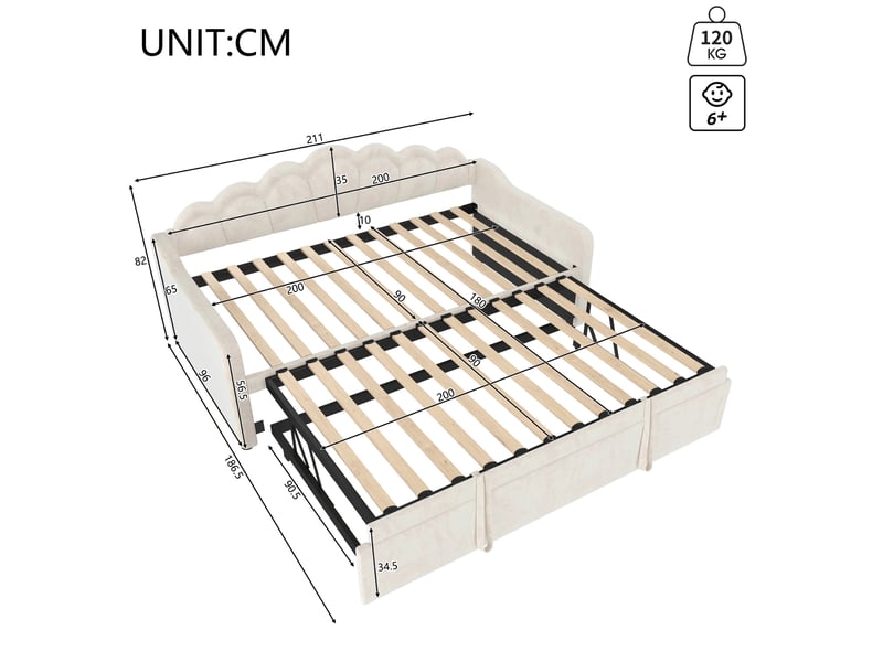  Modenvie lit gigogne 90x200 cm - avec bande led multicolore et dossier ondule, sans matelas - beige  - Conforama C