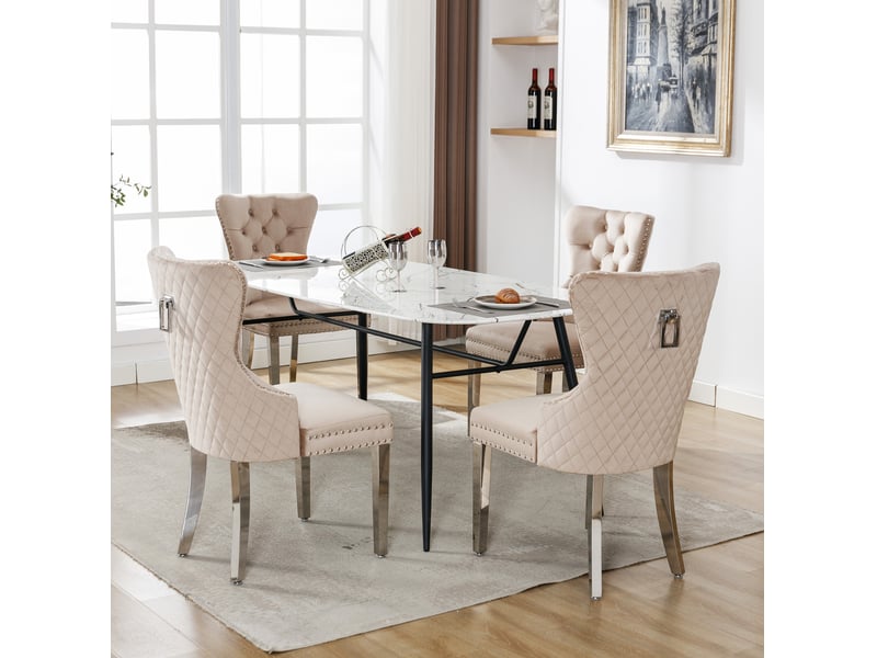  Chaise de salle à manger 53x62.5x94.5 cm lot de 4 en velours beige, dossier muni d'une poignée  - Conforama B