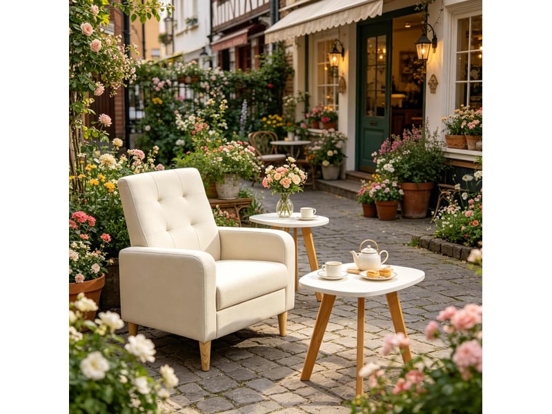 Fauteuil de lecture en lin avec dossier haut, assise rembourrée et structure en bois beige - Conforama D