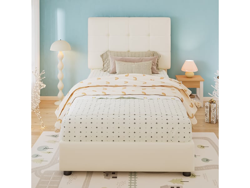  Lit enfant simple 90x200 cm tête biscuit, tête de lit et bords mousse anti-choc, pu+métal beige sans matelas  - Conforama D