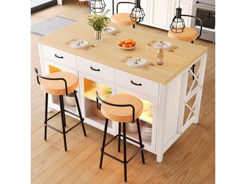  Îlot de cuisine avec 3 tiroirs et portes vitrées, éclairage, pieds réglables, 150x80x90 cm, blanc et naturel  - Conforama D