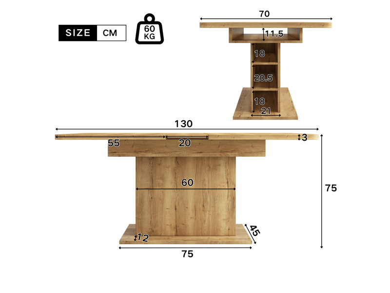  Table à manger extensible, 110-130x70x75 cm, plateau panneau de particules et bois, piètement métal, coloris bois  - Conforama C